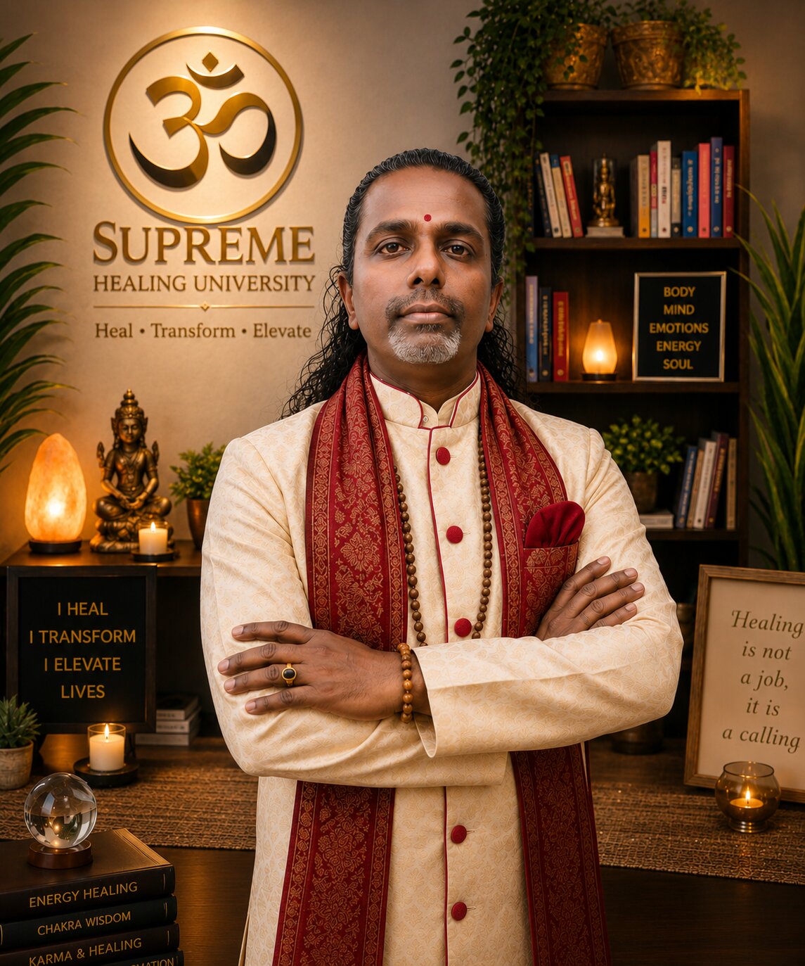 Alagharswamy, Co-Founder of Supreme Healing University, standing with arms crossed in traditional attire