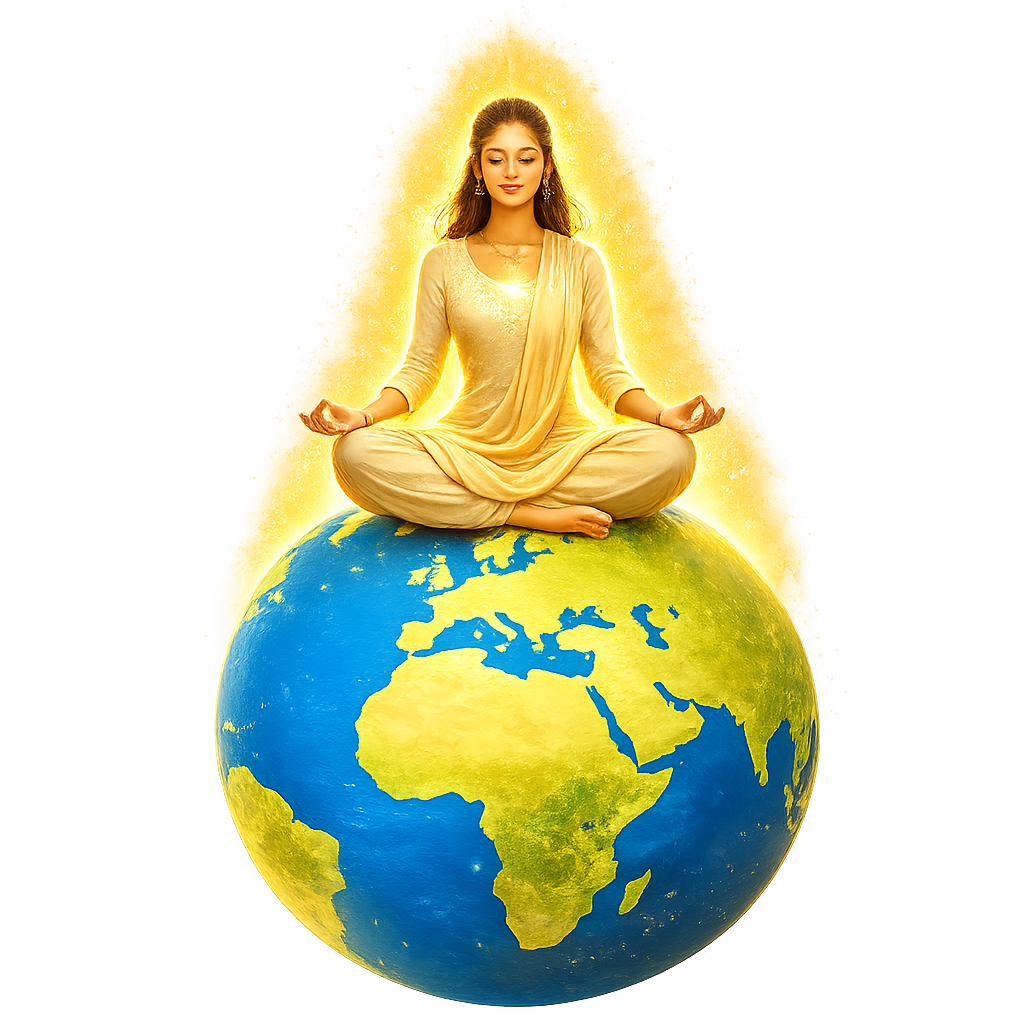 A meditating figure seated on a glowing globe