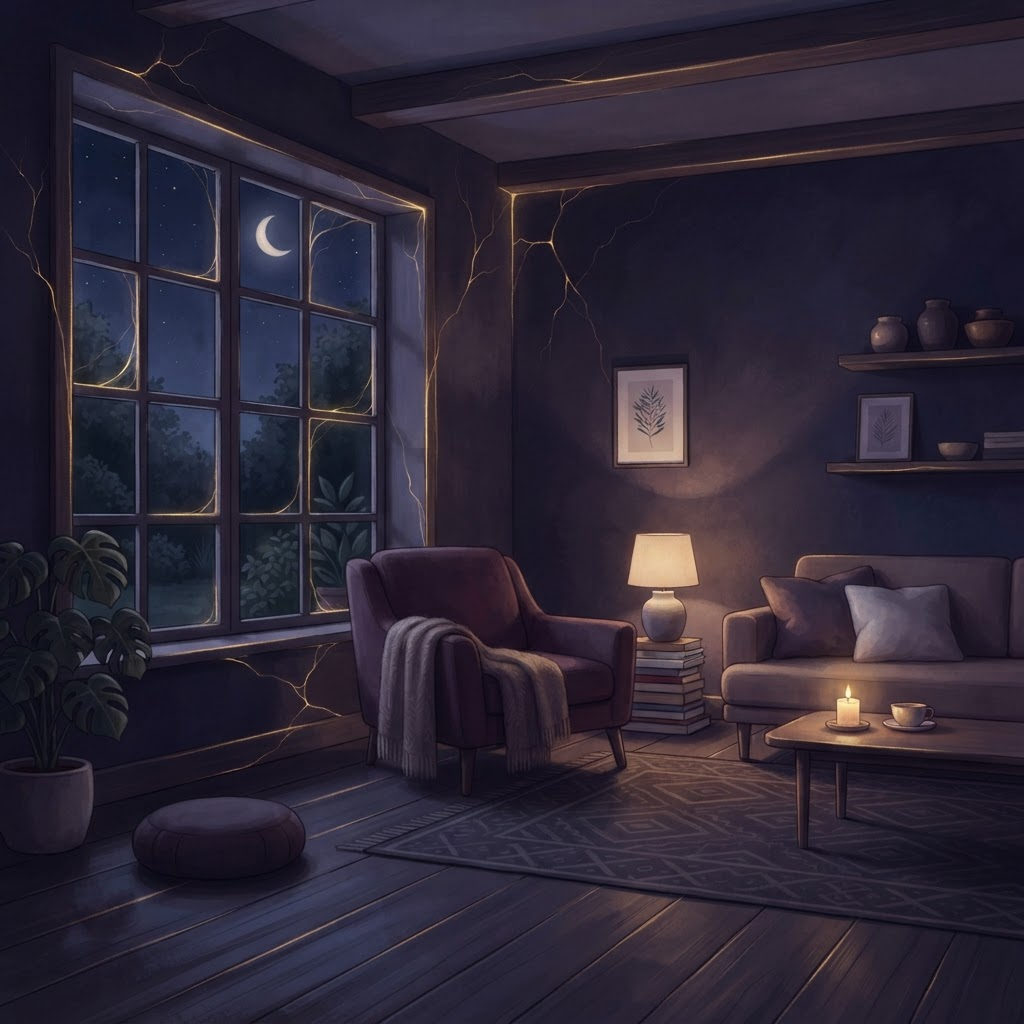 A softly lit home interior with subtle golden light leaks